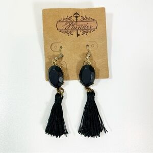 Matte Black Jewel Gold Detail String Tassle Pendent Earrings
